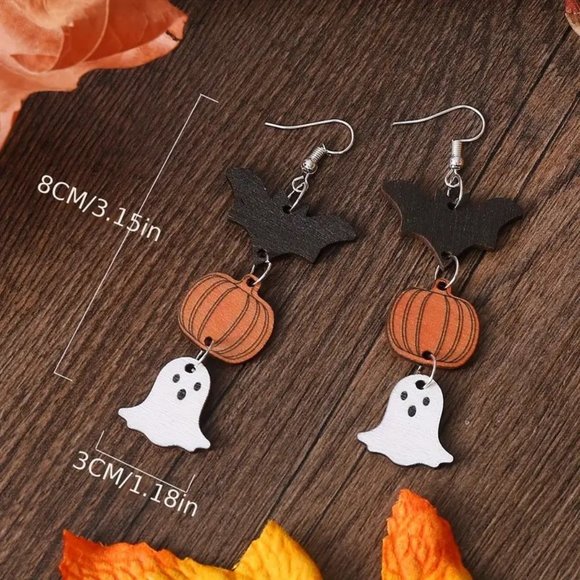 Wood Earrings Halloween Ghost Bat Pumpkin Dangle Fall Autum Party Fun Whimsical - Picture 3 of 3